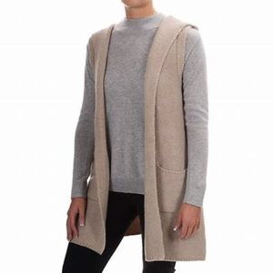 TAHARI Women’s Cardigan Medium Wool Long Line Hood Pockets Chunky Neutral